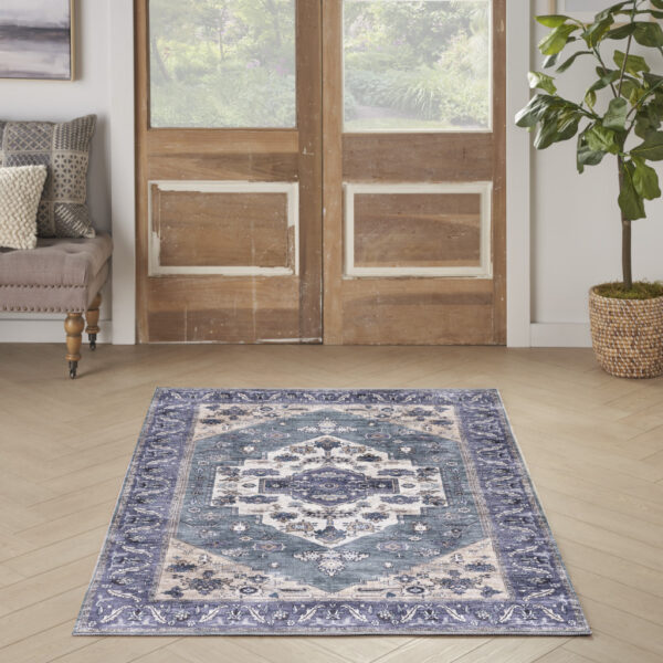 4' x 6' Blue and Beige Oriental Power Loom Distressed Washable Non Skid Area Rug