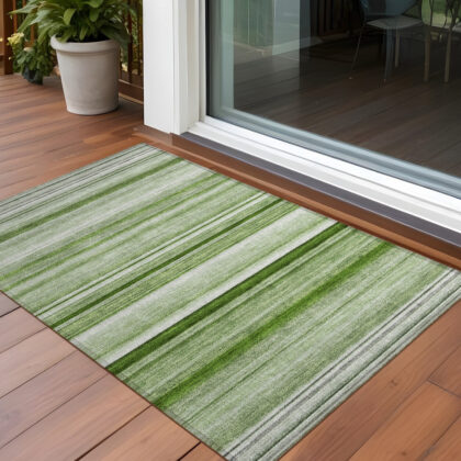 2' X 3' Artichoke Green Striped Washable Indoor Outdoor Area Rug
