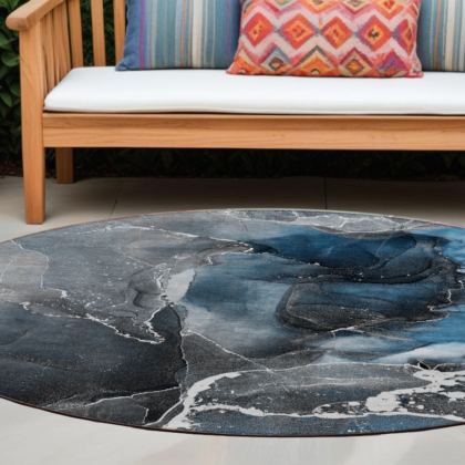 8' Round Ivory Blue and Gray Round Abstract Washable Non Skid Indoor Outdoor Area Rug