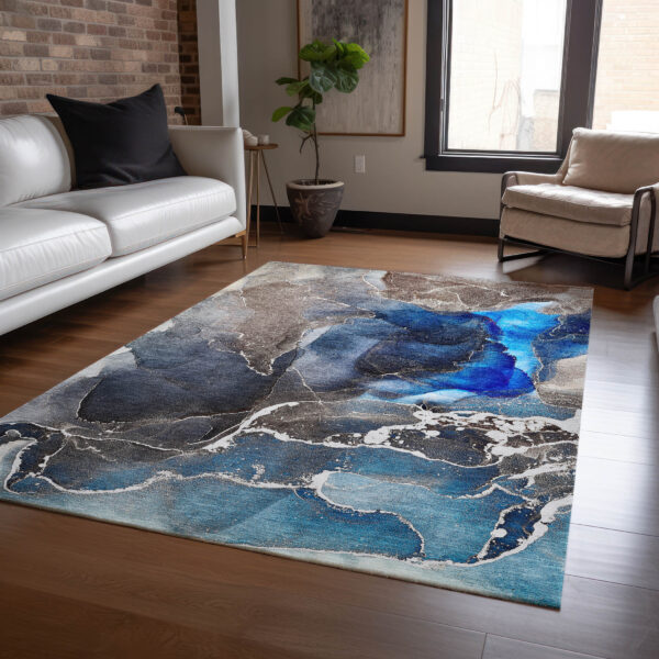 10' X 14' Blue Abstract Washable Non Skid Indoor Outdoor Area Rug