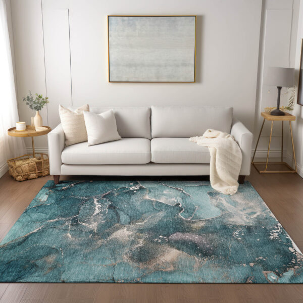 3' X 5' Teal Abstract Washable Non Skid Indoor Outdoor Area Rug