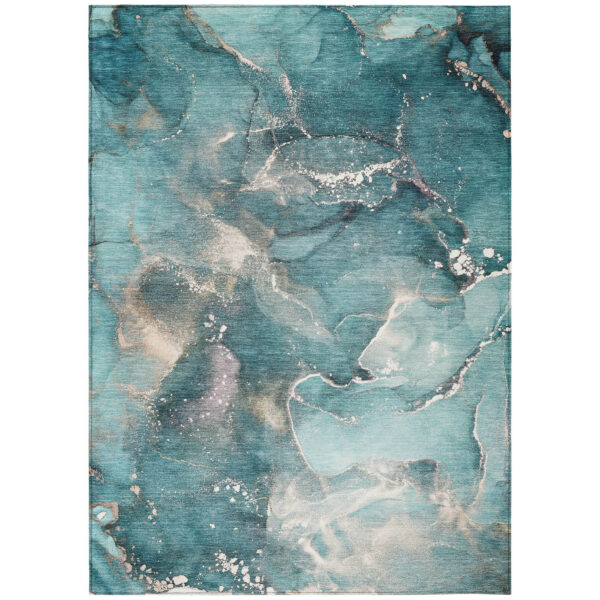 3' X 5' Teal Abstract Washable Non Skid Indoor Outdoor Area Rug