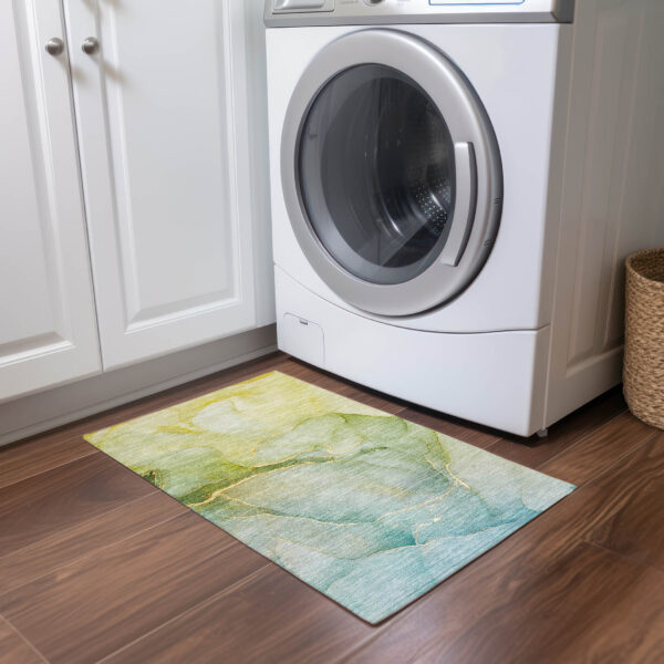 2' X 3' Green Abstract Washable Non Skid Indoor Outdoor Area Rug