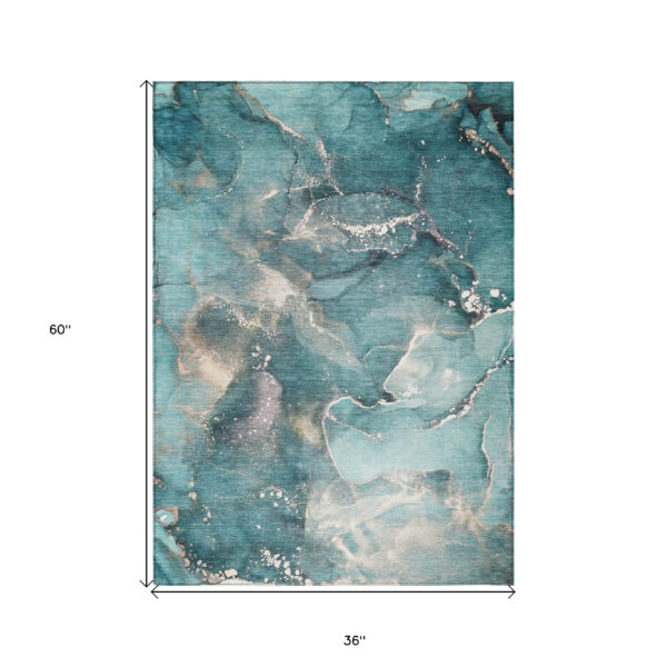 3' X 5' Teal Abstract Washable Non Skid Indoor Outdoor Area Rug