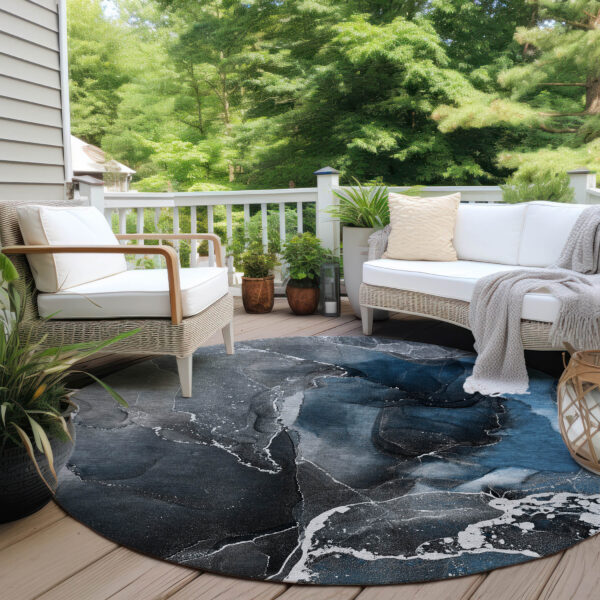 8' Round Ivory Blue and Gray Round Abstract Washable Non Skid Indoor Outdoor Area Rug