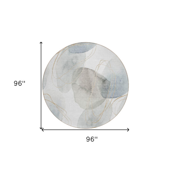 8' Round Ivory Blue and Gray Round Abstract Washable Non Skid Indoor Outdoor Area Rug