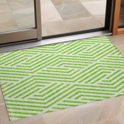 3' X 5' Lime Green and White Geometric Washable Non Skid Indoor Outdoor Area Rug