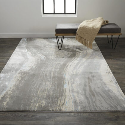 8' X 10' Gray Ivory And Blue Abstract Area Rug