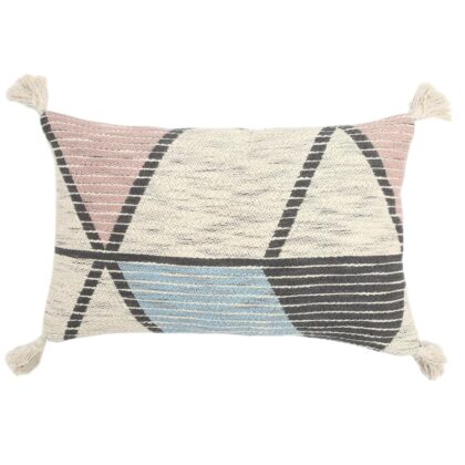 14" X 22" Ivory Gray and Pink Handmade Geometric Indoor Outdoor Throw Pillow Cover With Tassels