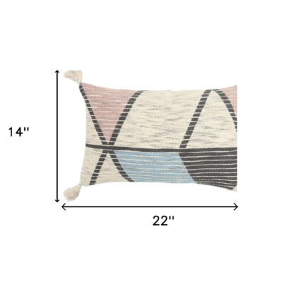 14" X 22" Ivory Gray and Pink Handmade Geometric Indoor Outdoor Throw Pillow Cover With Tassels