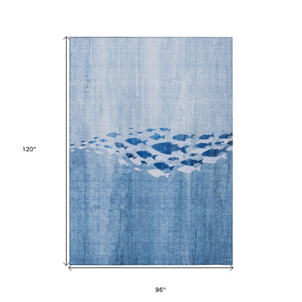 8' X 10' Sky Blue And Navy Blue Nautical Washable Indoor Outdoor Area Rug