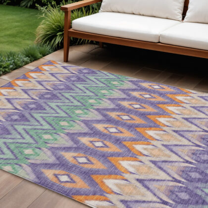 9' X 12' Purple Lilac And Orange Southwestern Washable Indoor Outdoor Area Rug