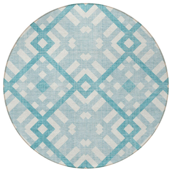 8' Teal Blue Aqua And Ivory Round Geometric Washable Indoor Outdoor Area Rug