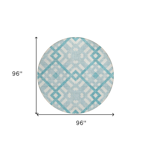 8' Teal Blue Aqua And Ivory Round Geometric Washable Indoor Outdoor Area Rug