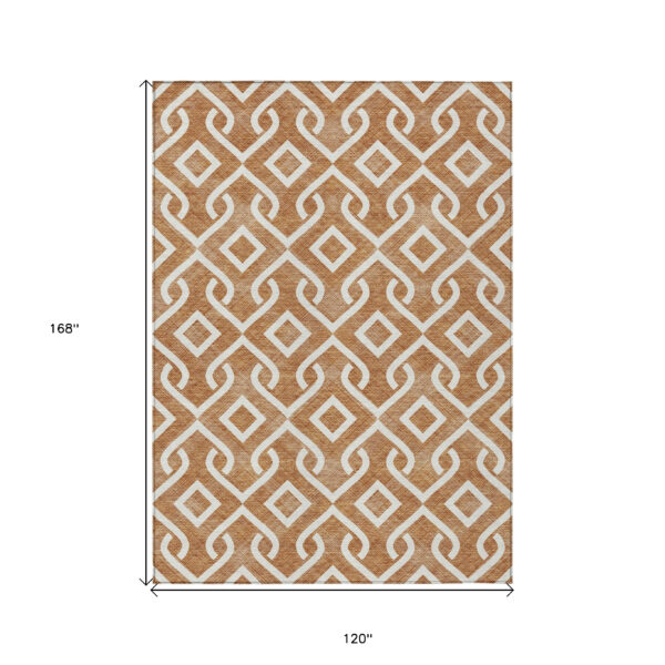 10' X 14' Orange And Ivory Geometric Washable Indoor Outdoor Area Rug