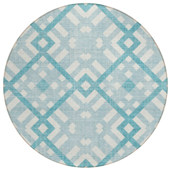 8' Teal Blue Aqua And Ivory Round Geometric Washable Indoor Outdoor Area Rug