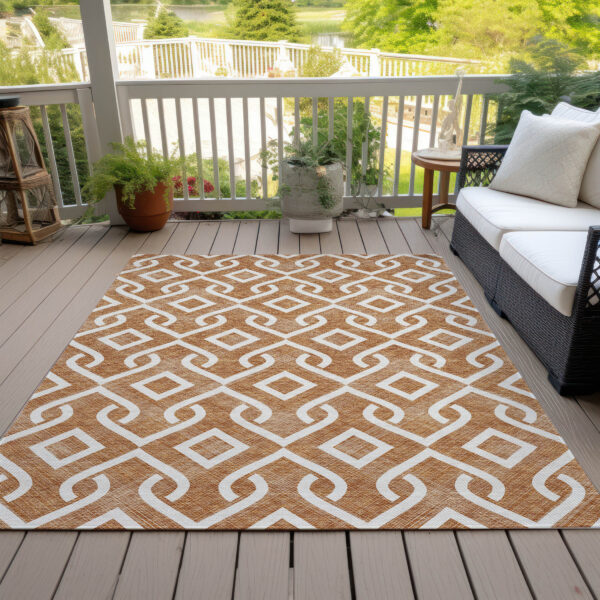 10' X 14' Orange And Ivory Geometric Washable Indoor Outdoor Area Rug