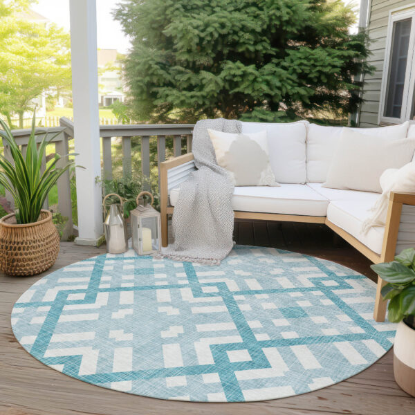 8' Teal Blue Aqua And Ivory Round Geometric Washable Indoor Outdoor Area Rug