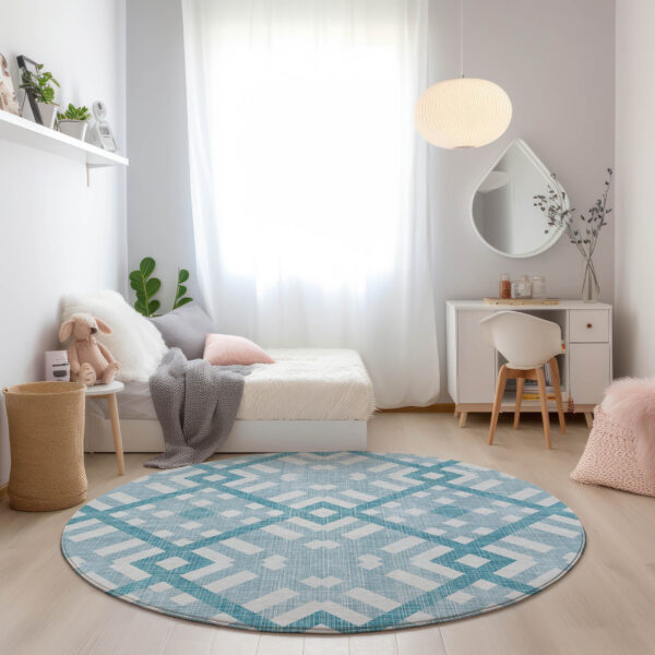 8' Teal Blue Aqua And Ivory Round Geometric Washable Indoor Outdoor Area Rug