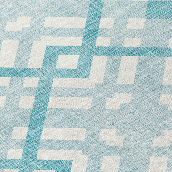 8' Teal Blue Aqua And Ivory Round Geometric Washable Indoor Outdoor Area Rug