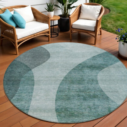 8' Green And Sage Round Abstract Washable Indoor Outdoor Area Rug