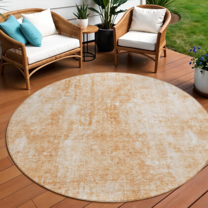 8' Terra Cotta Copper And Ivory Round Abstract Washable Indoor Outdoor Area Rug