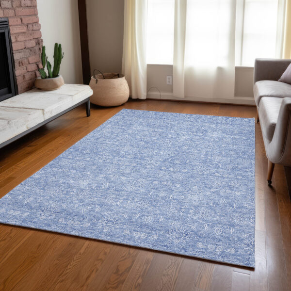 5' X 8' Sky Blue And Ivory Floral Washable Indoor Outdoor Area Rug