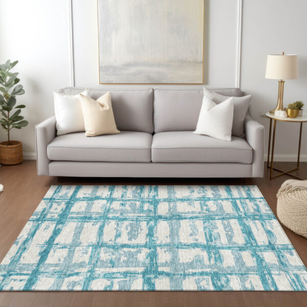 8' X 10' Teal Blue Aqua And Ivory Striped Washable Indoor Outdoor Area Rug
