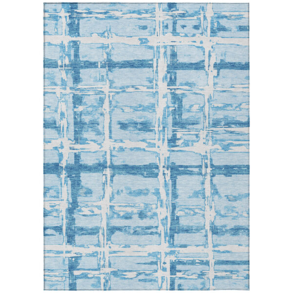 10' X 14' Sky Blue Denim Blue And Ivory Striped Washable Indoor Outdoor Area Rug