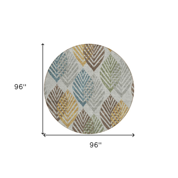 8' Gray Silver And Teal Blue Round Floral Washable Indoor Outdoor Area Rug