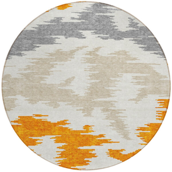8' Orange Beige And Ivory Round Abstract Washable Indoor Outdoor Area Rug