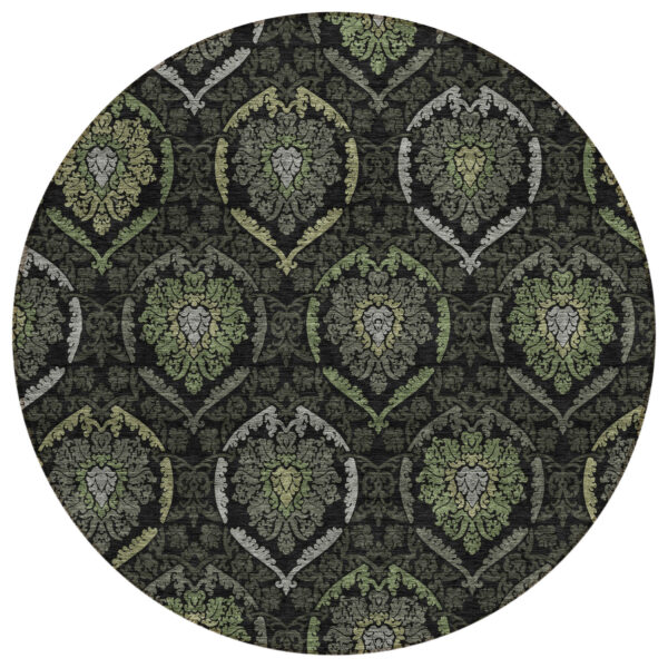 8' Green Gray And Charcoal Round Medallion Washable Indoor Outdoor Area Rug