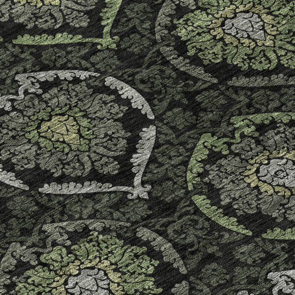 8' Green Gray And Charcoal Round Medallion Washable Indoor Outdoor Area Rug
