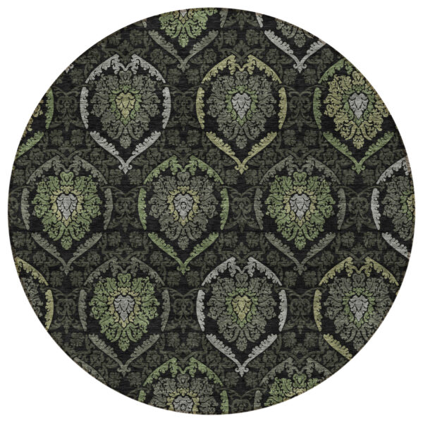 8' Green Gray And Charcoal Round Medallion Washable Indoor Outdoor Area Rug