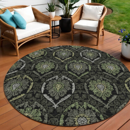8' Green Gray And Charcoal Round Medallion Washable Indoor Outdoor Area Rug