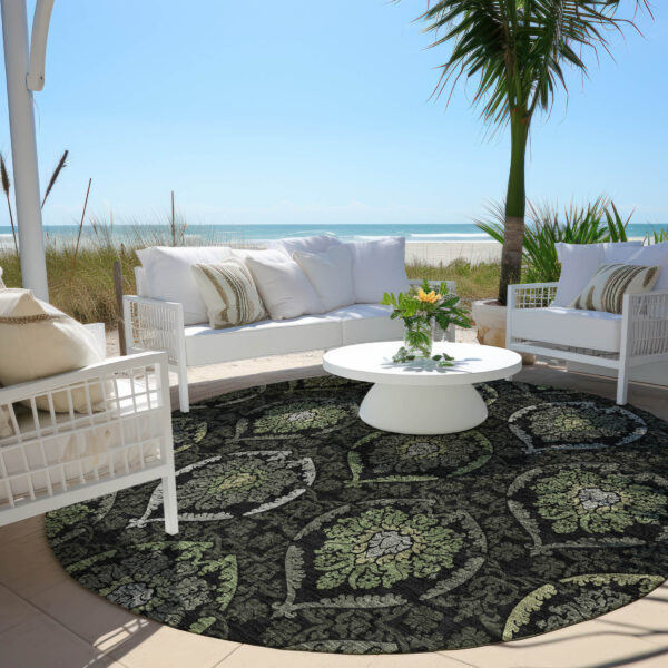8' Green Gray And Charcoal Round Medallion Washable Indoor Outdoor Area Rug