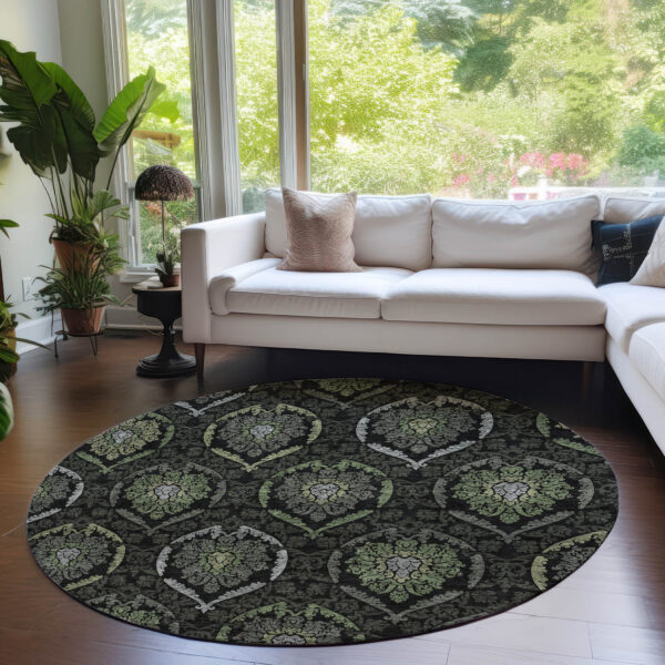 8' Green Gray And Charcoal Round Medallion Washable Indoor Outdoor Area Rug
