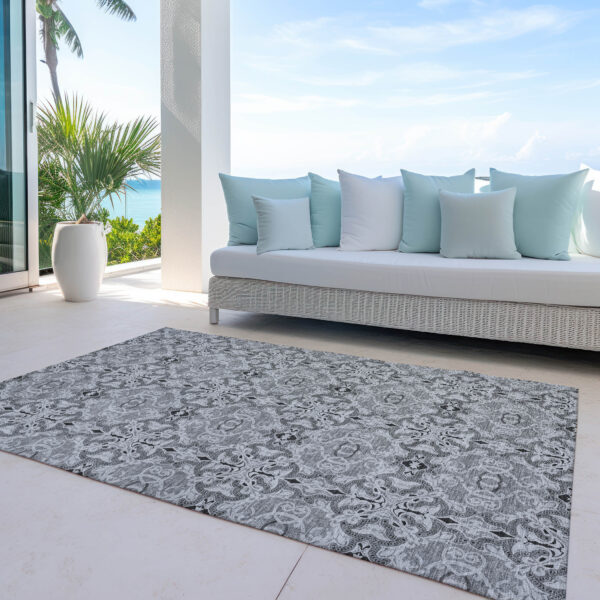 10' X 14' Gray Silver And Charcoal Medallion Washable Indoor Outdoor Area Rug