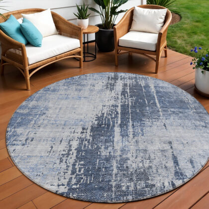 8' Navy Blue And Sky Blue Round Abstract Washable Indoor Outdoor Area Rug