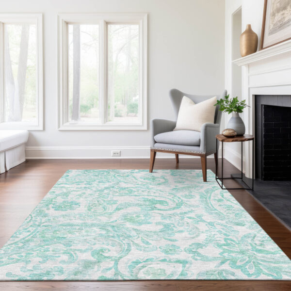 5' X 8' Turquoise And Ivory Paisley Washable Indoor Outdoor Area Rug