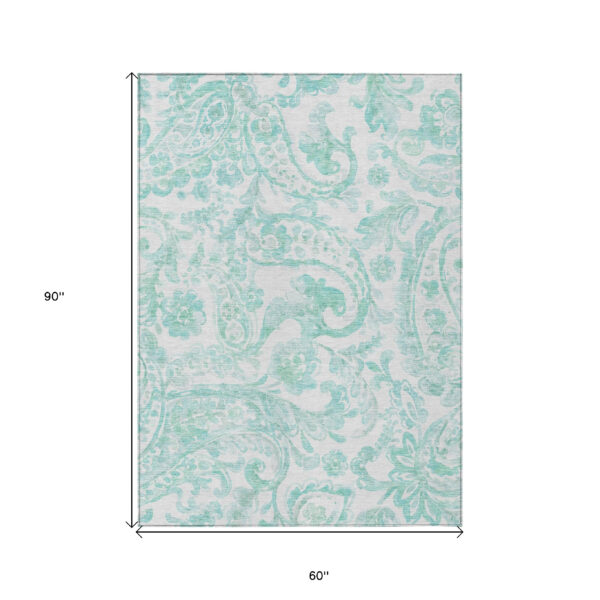 5' X 8' Turquoise And Ivory Paisley Washable Indoor Outdoor Area Rug