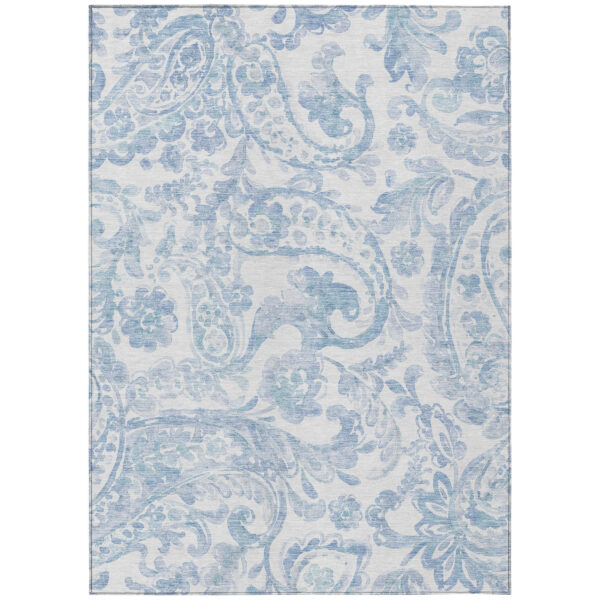8' X 10' Sky Blue Denim Blue And Ivory Paisley Washable Indoor Outdoor Area Rug