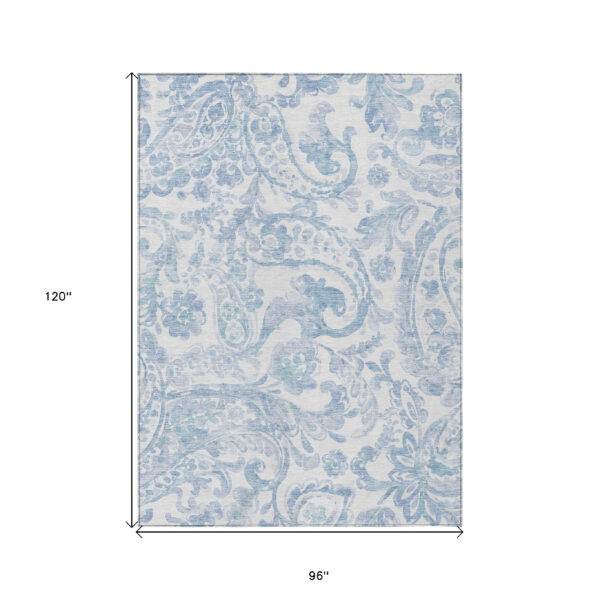 8' X 10' Sky Blue Denim Blue And Ivory Paisley Washable Indoor Outdoor Area Rug
