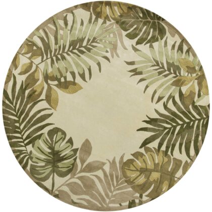 8' Ivory Hand Tufted Bordered Tropical Leaves Round Indoor Area Rug