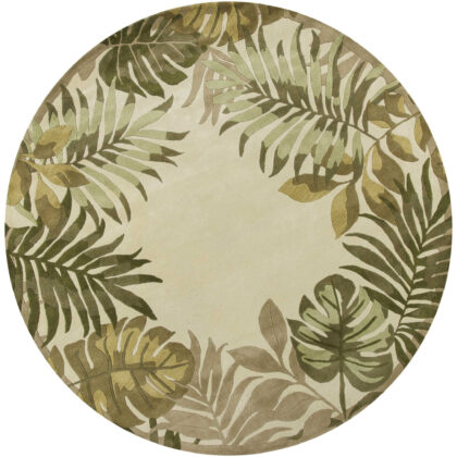 8' Ivory Hand Tufted Bordered Tropical Leaves Round Indoor Area Rug