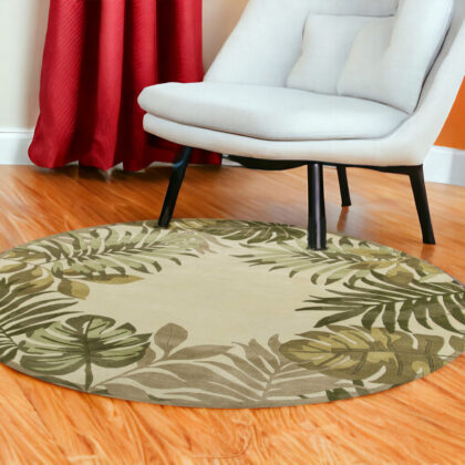 8' Ivory Hand Tufted Bordered Tropical Leaves Round Indoor Area Rug