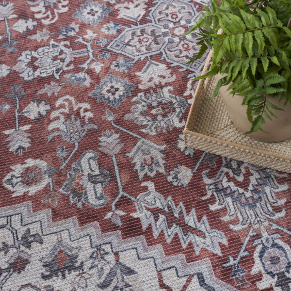 8' Red and Ivory Floral Power Loom Distressed Washable Runner Rug
