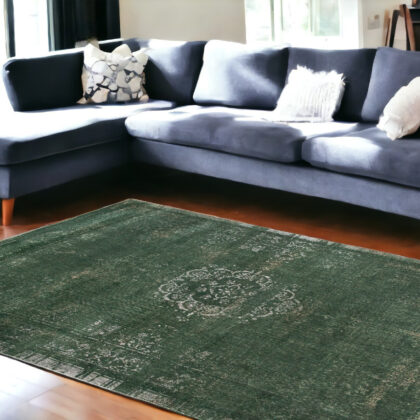 9' X 13' Gray and Green Medallion Non Skid Area Rug