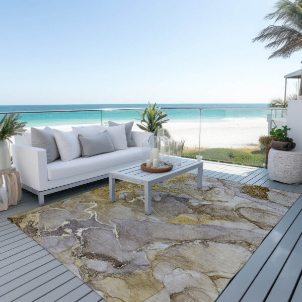 9' X 12' Taupe Abstract Washable Non Skid Indoor Outdoor Area Rug