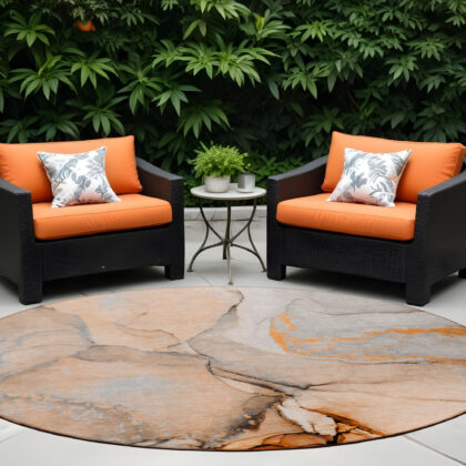 8' Round Orange Round Abstract Washable Non Skid Indoor Outdoor Area Rug